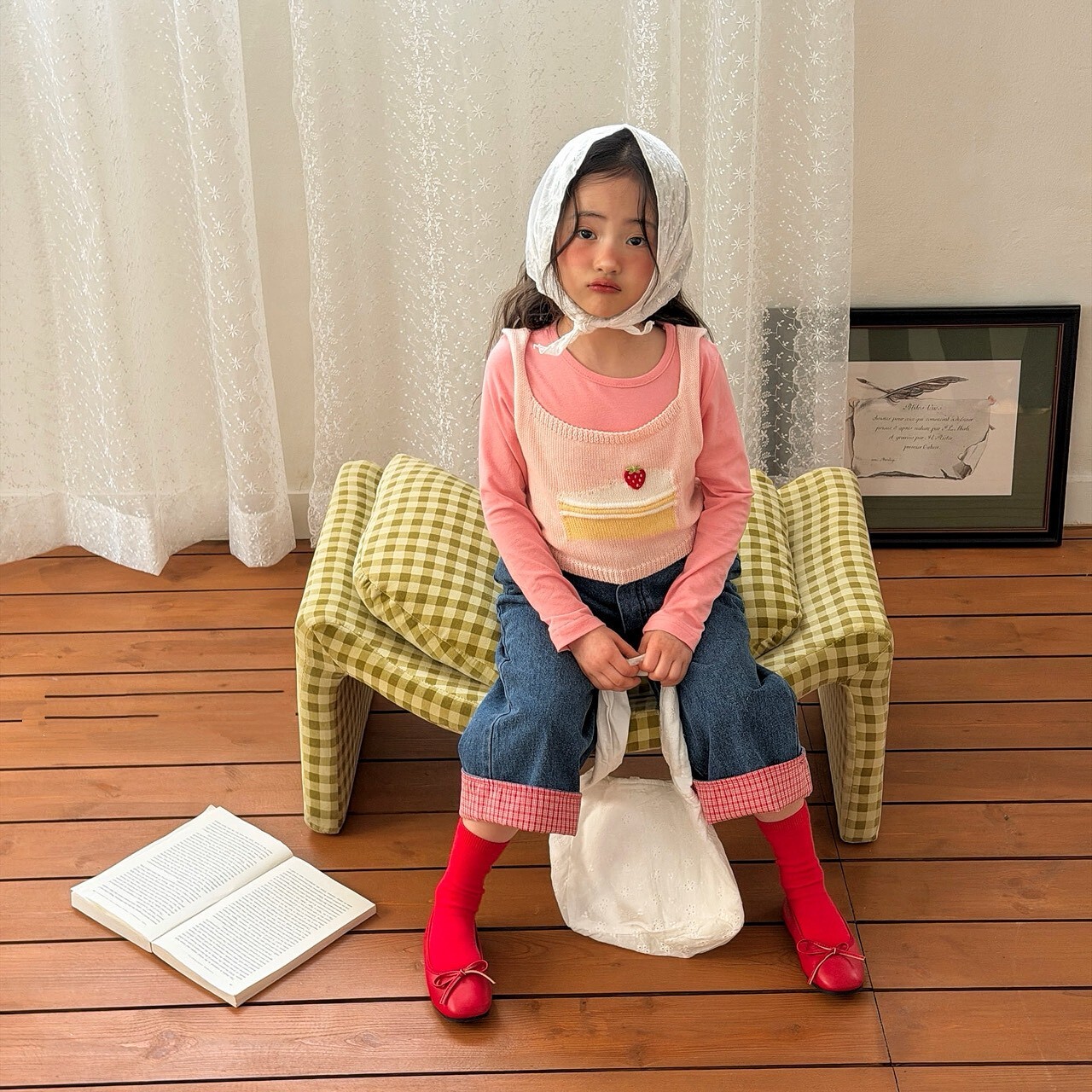 90-130 紅格心型口袋牛仔褲