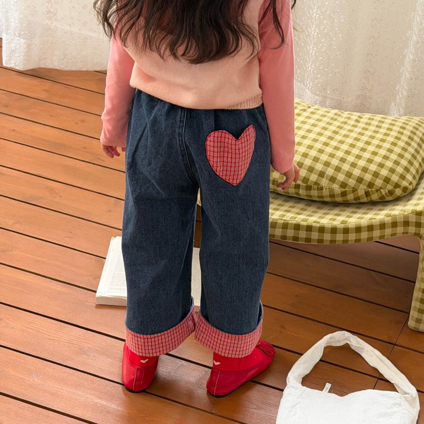 90-130 紅格心型口袋牛仔褲