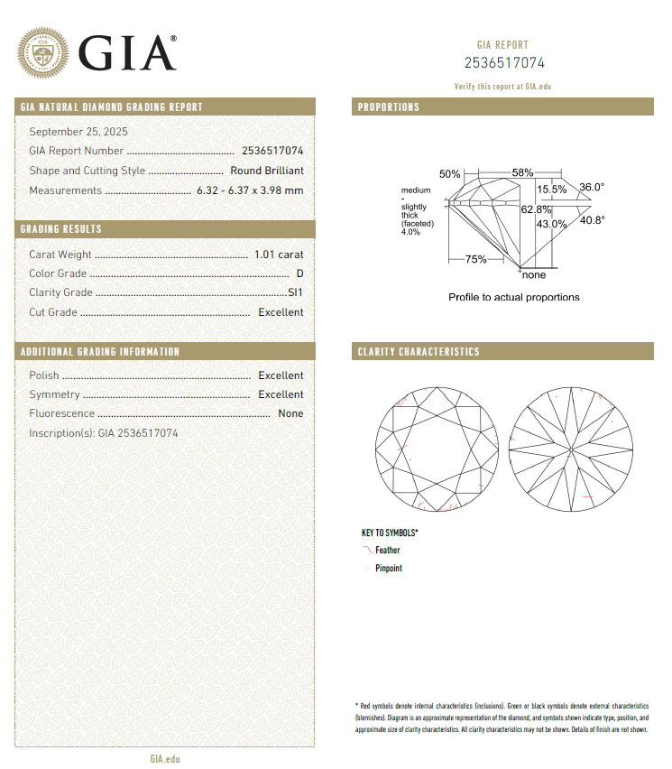 GIA鑽石 1.01 D SI1 3EX NON