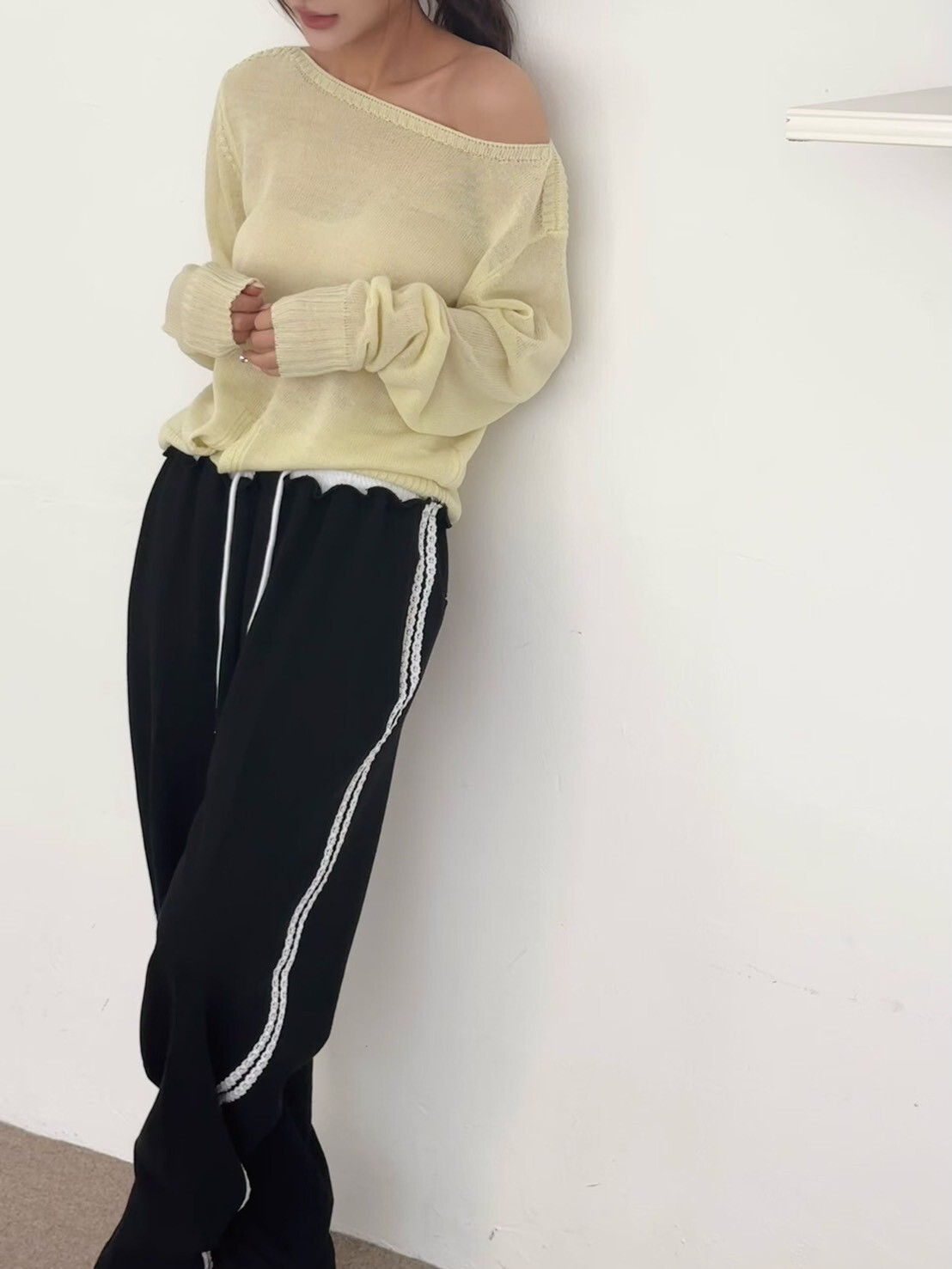 邊蕾絲條休閒長褲