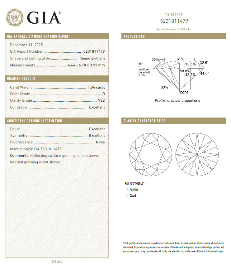 GIA鑽石 1.04 D VS2 3EX NON