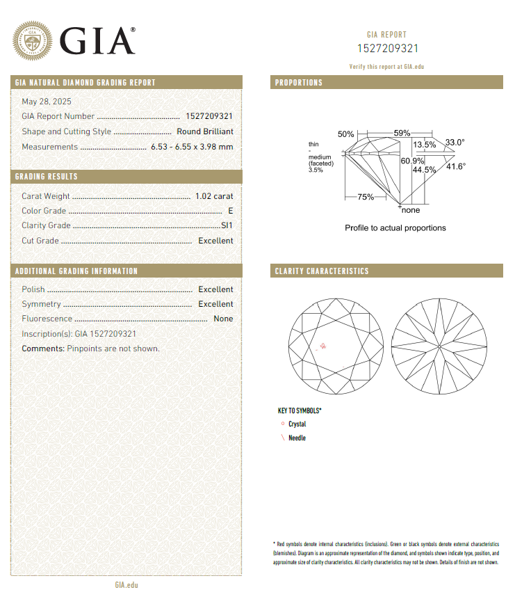 GIA鑽石 1.02 E SI1 3EX NON