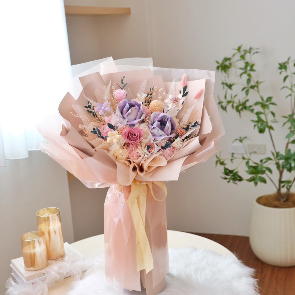 2朵鈔票花 粉紫色花束