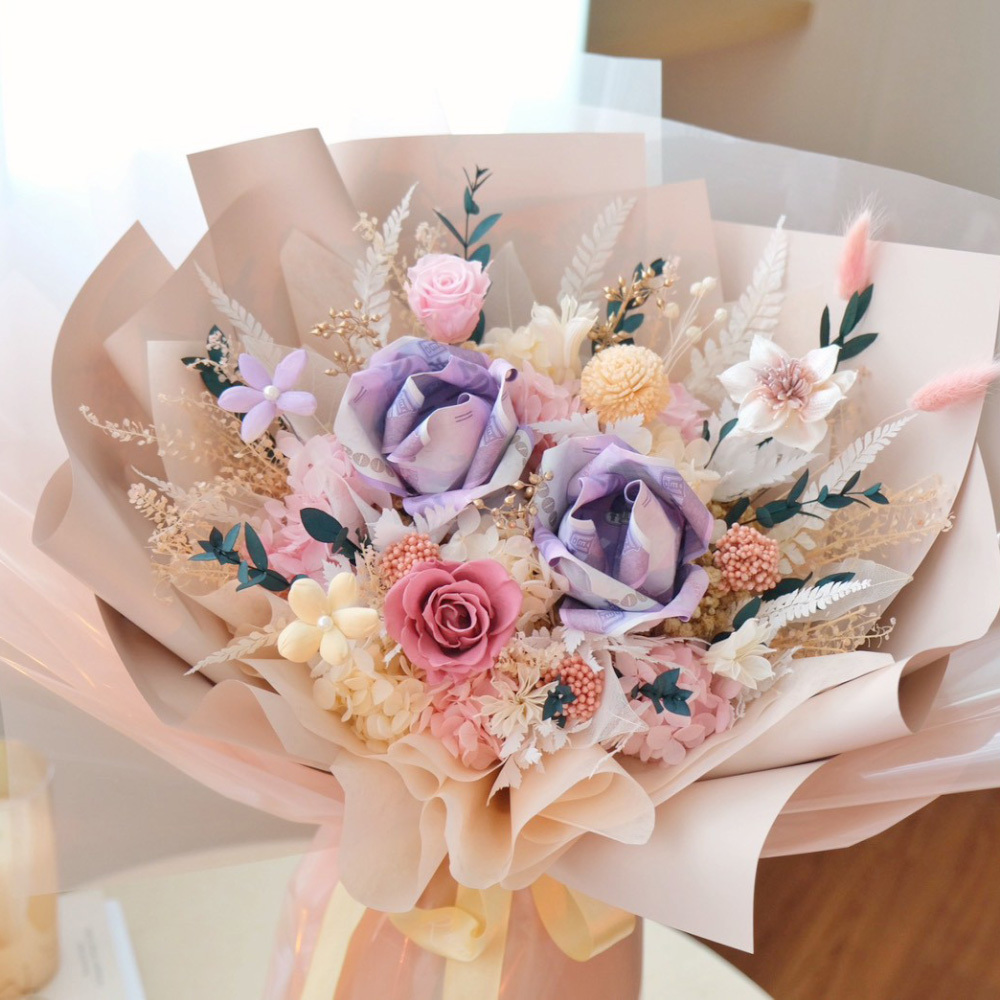 2朵鈔票花 粉紫色花束