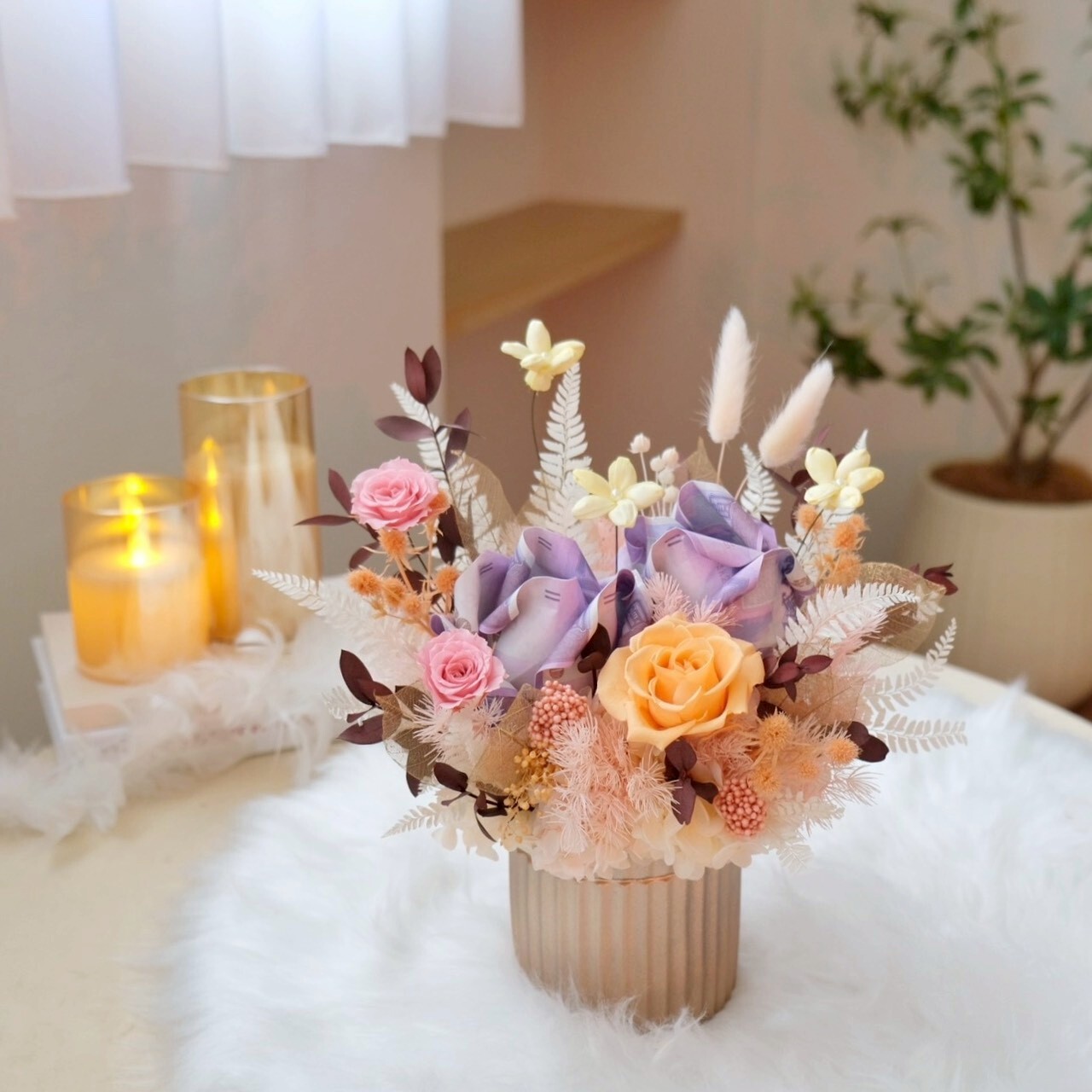 招財永生盆花 2朵鈔票粉橘色盆花