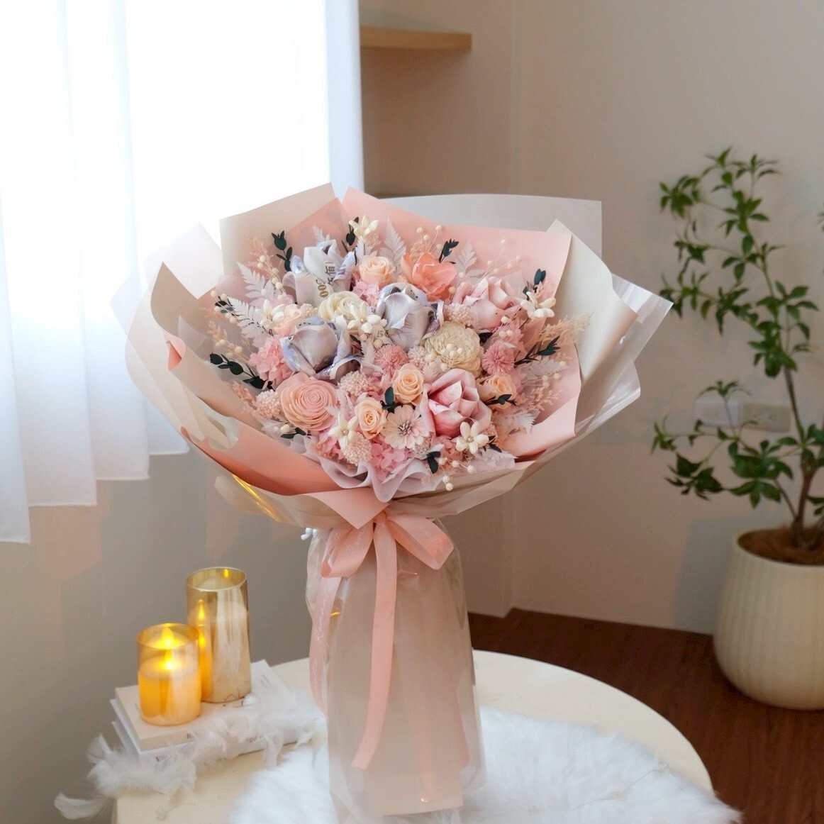 5朵鈔票花 粉嫩色花束