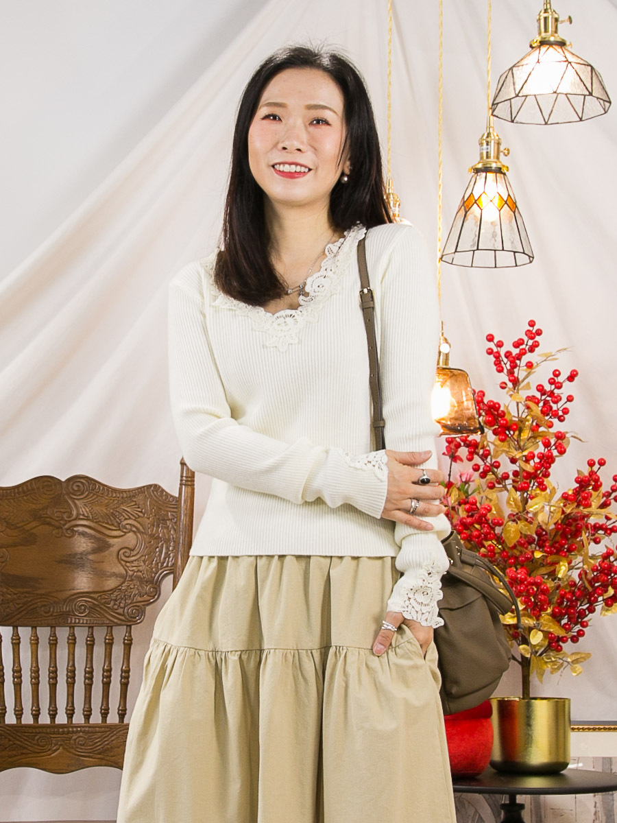 開倉低至半價😱FINALSALE📣 V領邊LACE．坑紋 毛毛冷料TOP【不設退換】