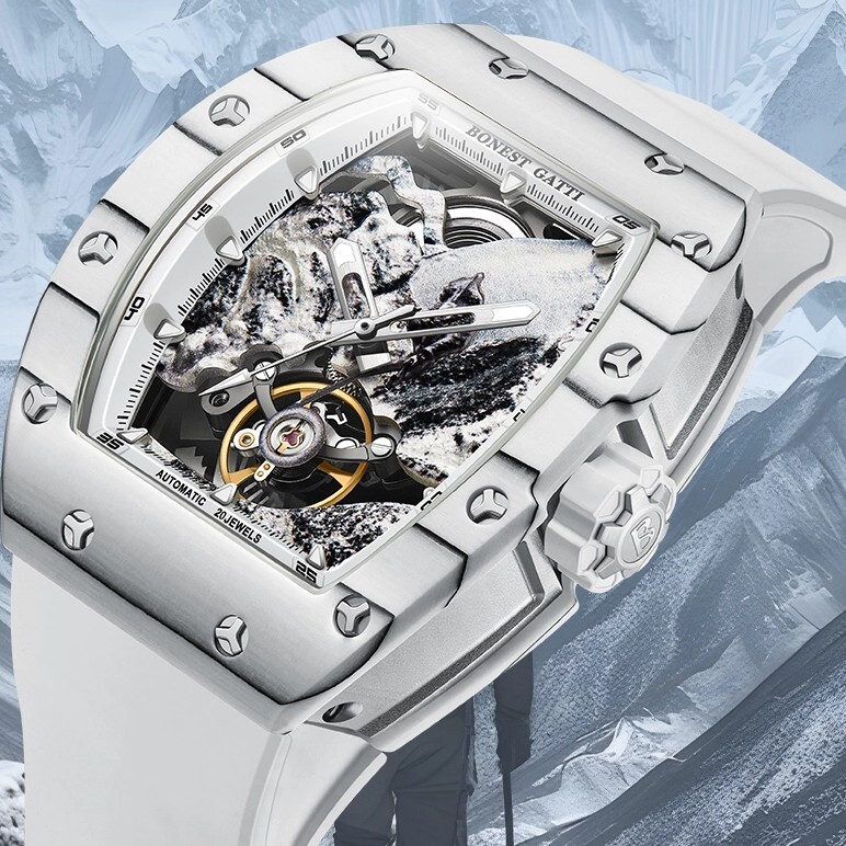 【Bonest Gatti 布加迪】攀登之路系列 酒桶款 鏤空 夜光 3D長城錶盤 20顆寶石軸承 夜光 碳纖維錶圈 機械錶 BG9002