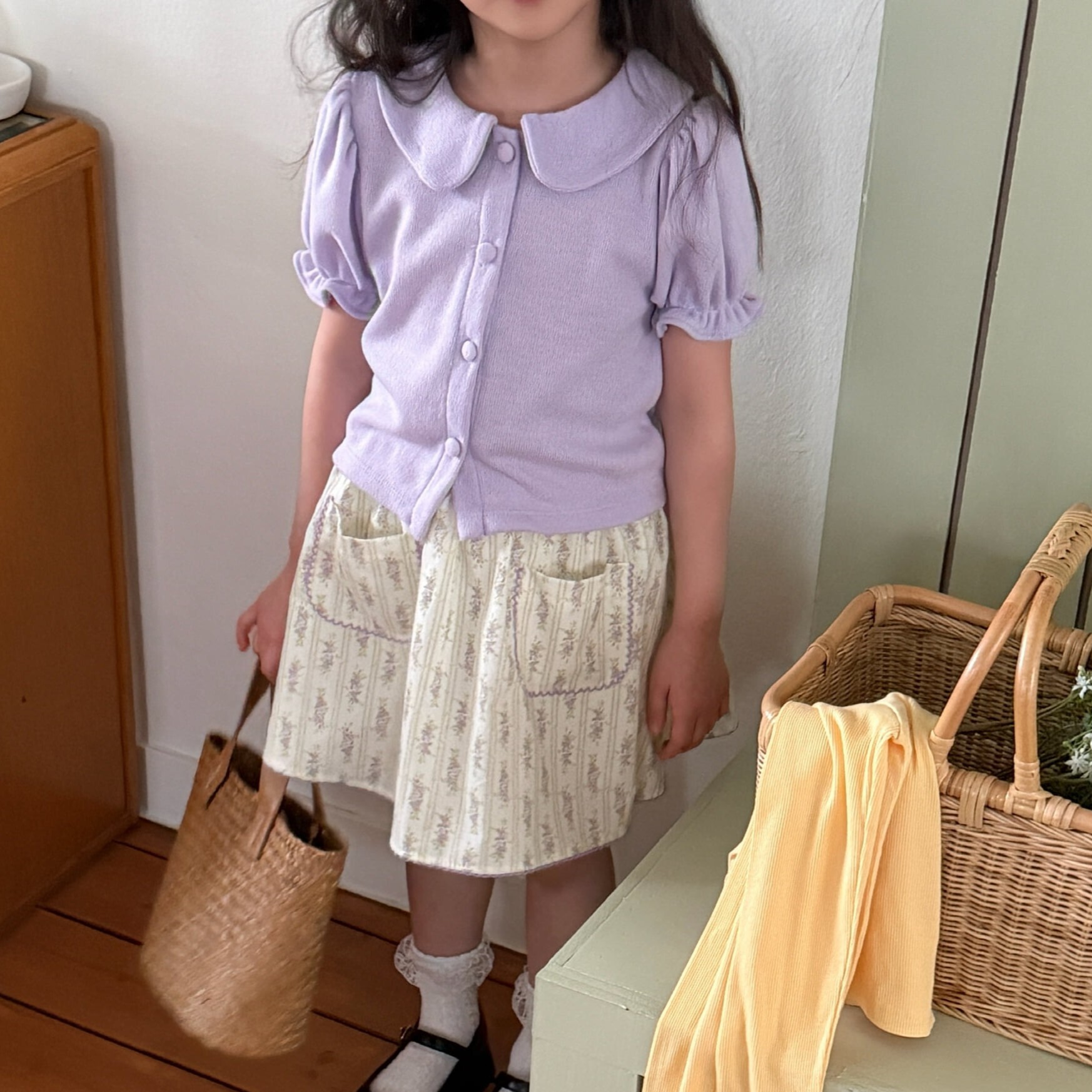 90-130 花苞袖翻領短袖上衣 2色