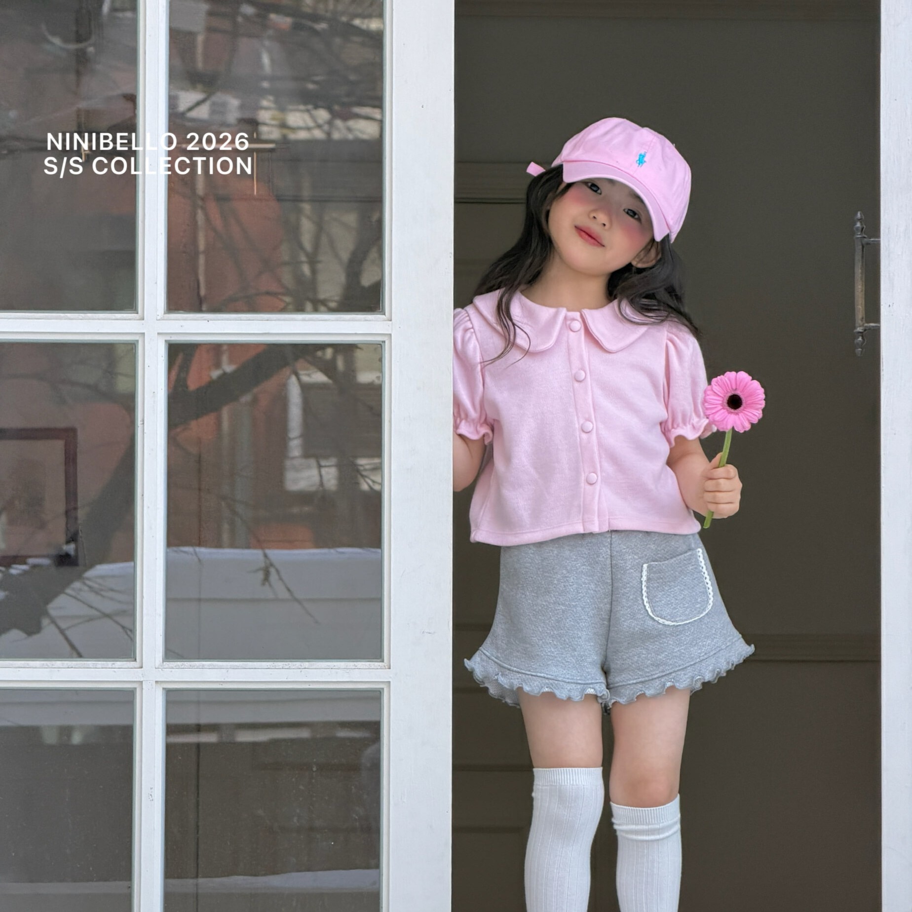 90-130 花苞袖翻領短袖上衣 2色