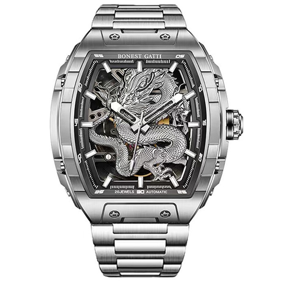 預購款【Bonest Gatti】酒桶型 鏤空 夜光指針刻度錶盤 銀龍 不鏽鋼 機械錶 中性 紳士 BG5606-S1
