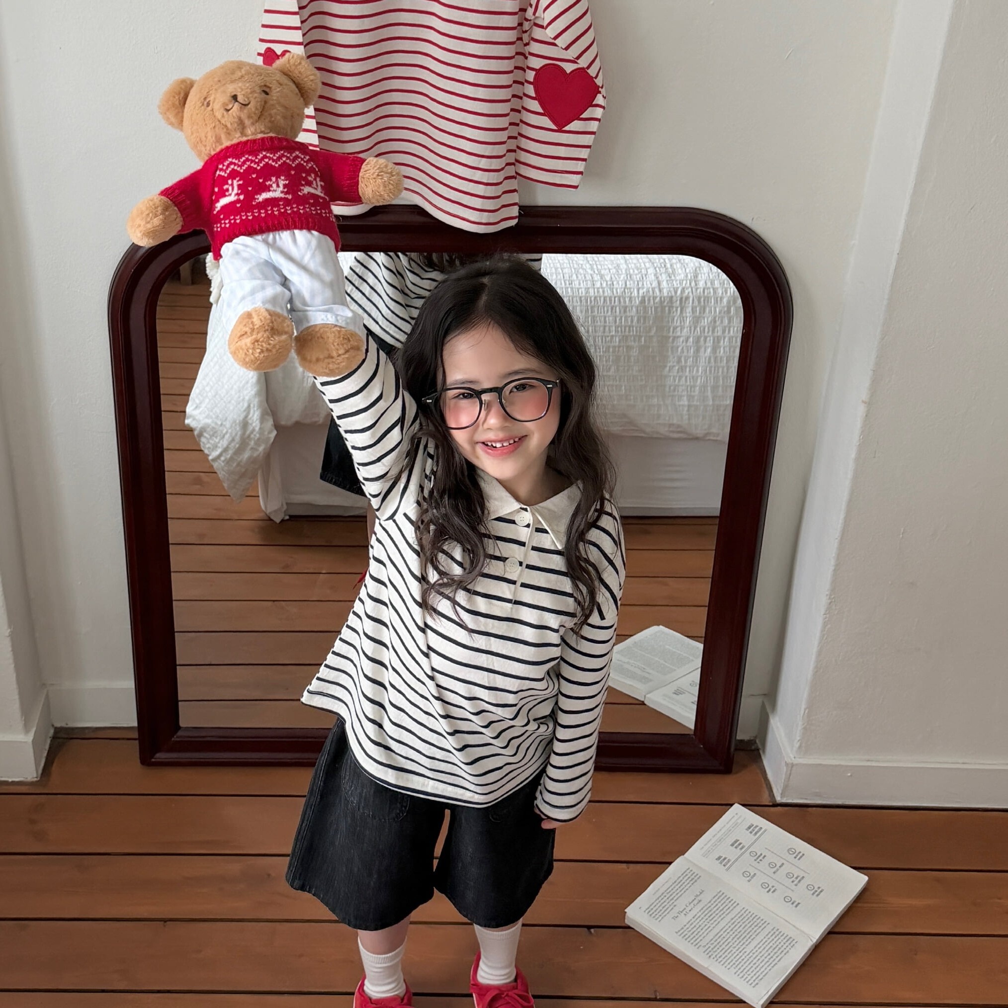 90-130 愛心補丁親子條紋上衣 2色