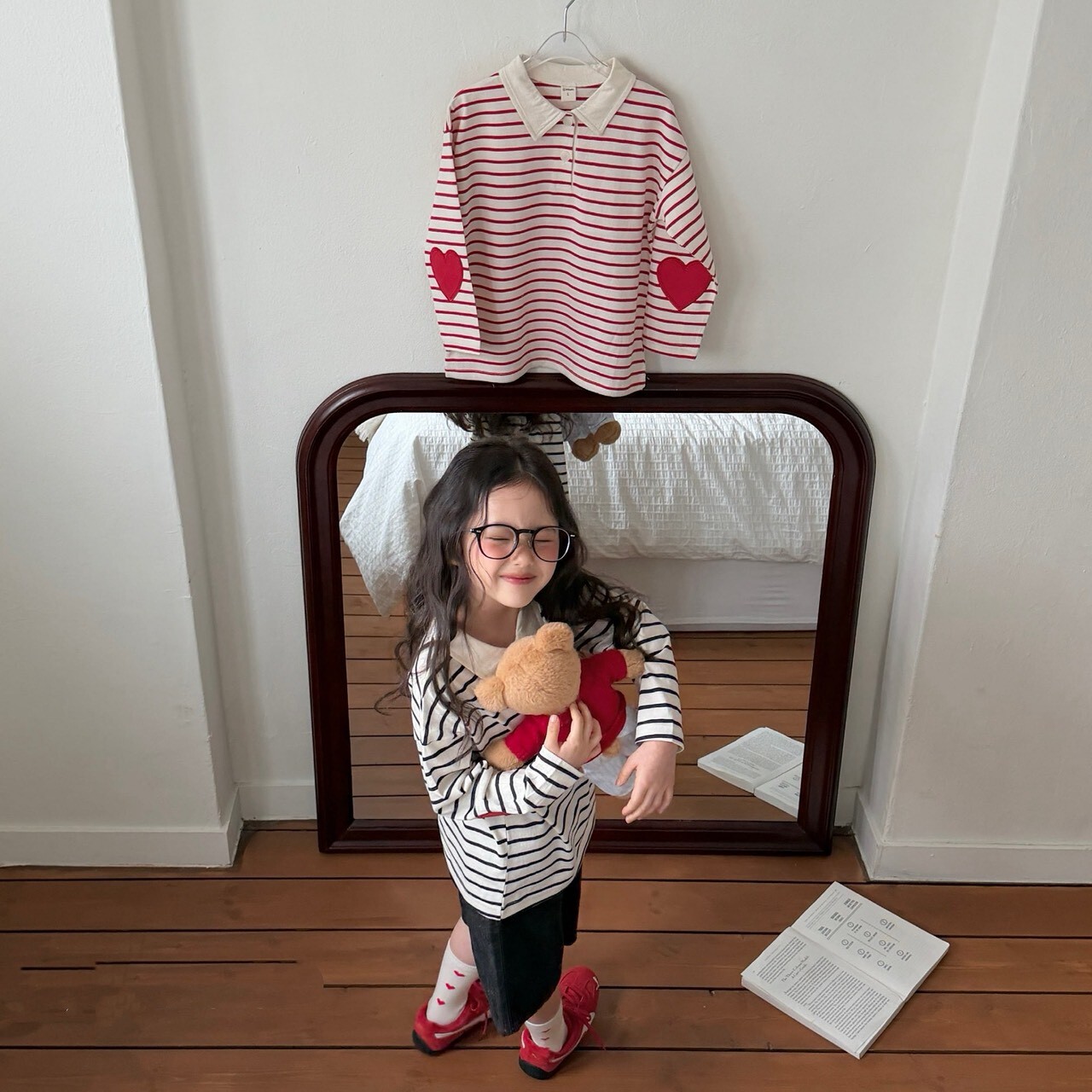 90-130 愛心補丁親子條紋上衣 2色