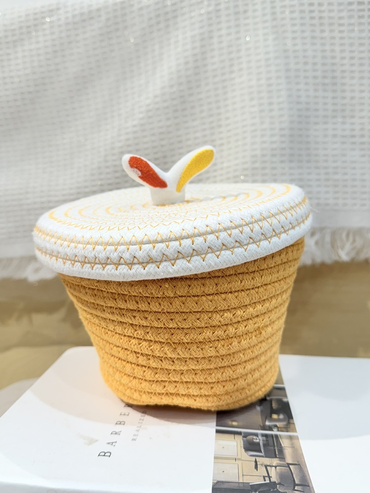 黃白撞色豆芽編織置物籃(附蓋)