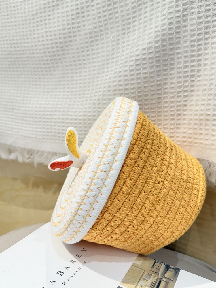 黃白撞色豆芽編織置物籃(附蓋)