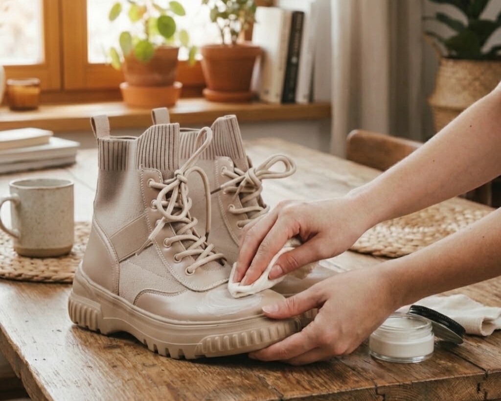 真皮靴抗皺保養教學，使用 Sanly Joy 皮革保養乳滋潤克洛伊短靴，防止行走摺痕演變成皮革乾裂，延長靴子使用壽命。