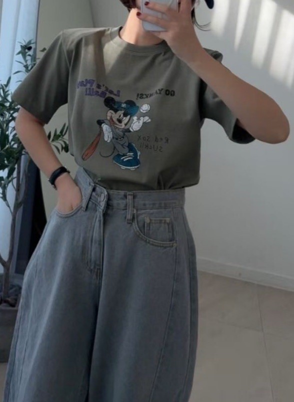 棒球米奇墊肩短T