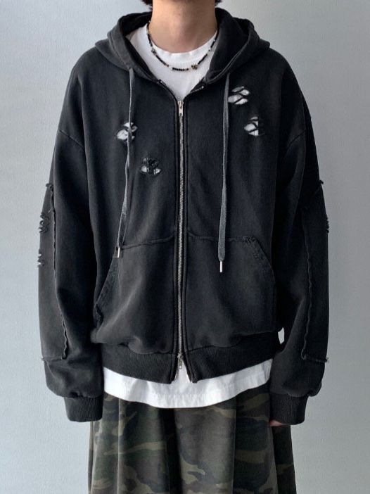 洗水淨色破洞連帽拉鍊外套 GLEE-009JK