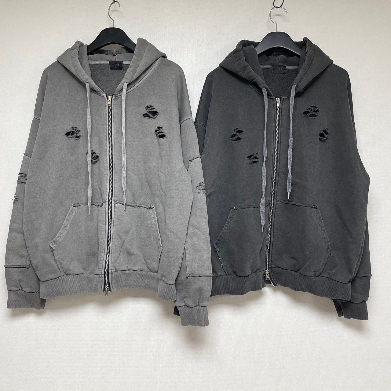 洗水淨色破洞連帽拉鍊外套 GLEE-009JK