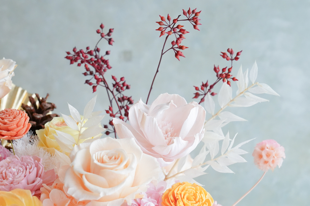 橘色永生花盆花,開幕盆栽推薦,升遷送禮盆栽推薦,橘色玫瑰花特寫233