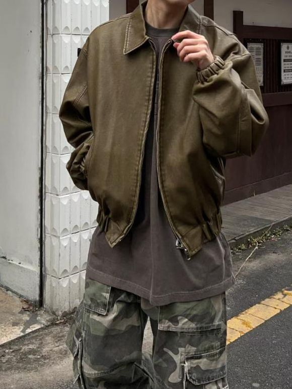 反領淨色拉鍊合成皮外套 And More-099JK