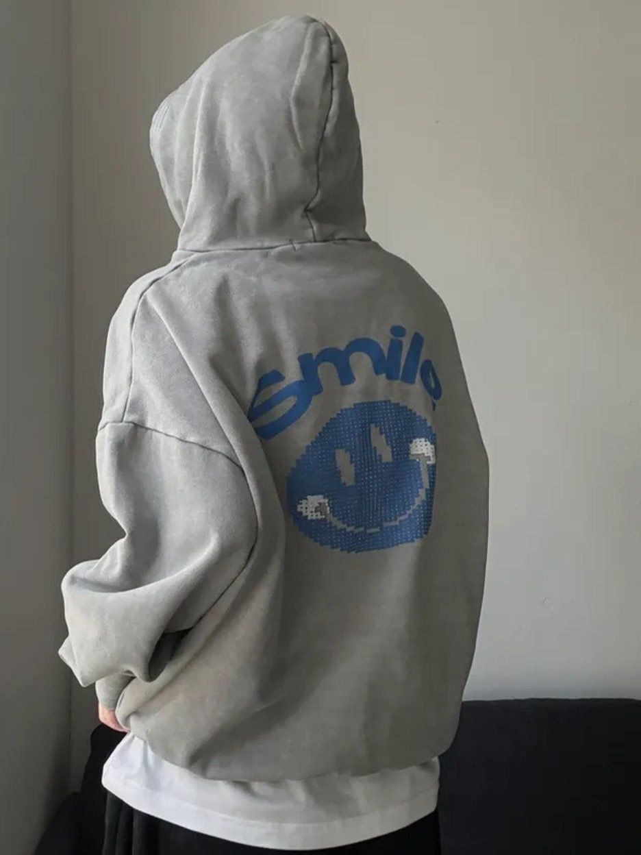 OverSize洗水笑哈哈圖案連帽衛衣(薄抓毛底) US-003T