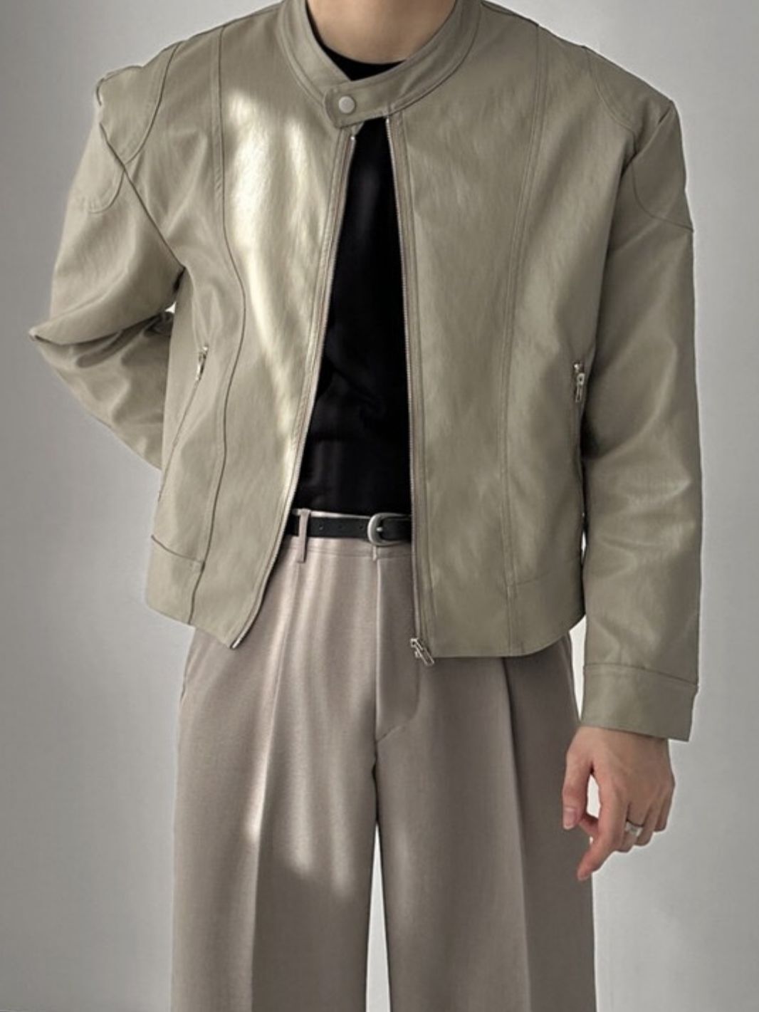 企領淨色拉鍊合成皮外套 LOCAL-024JK