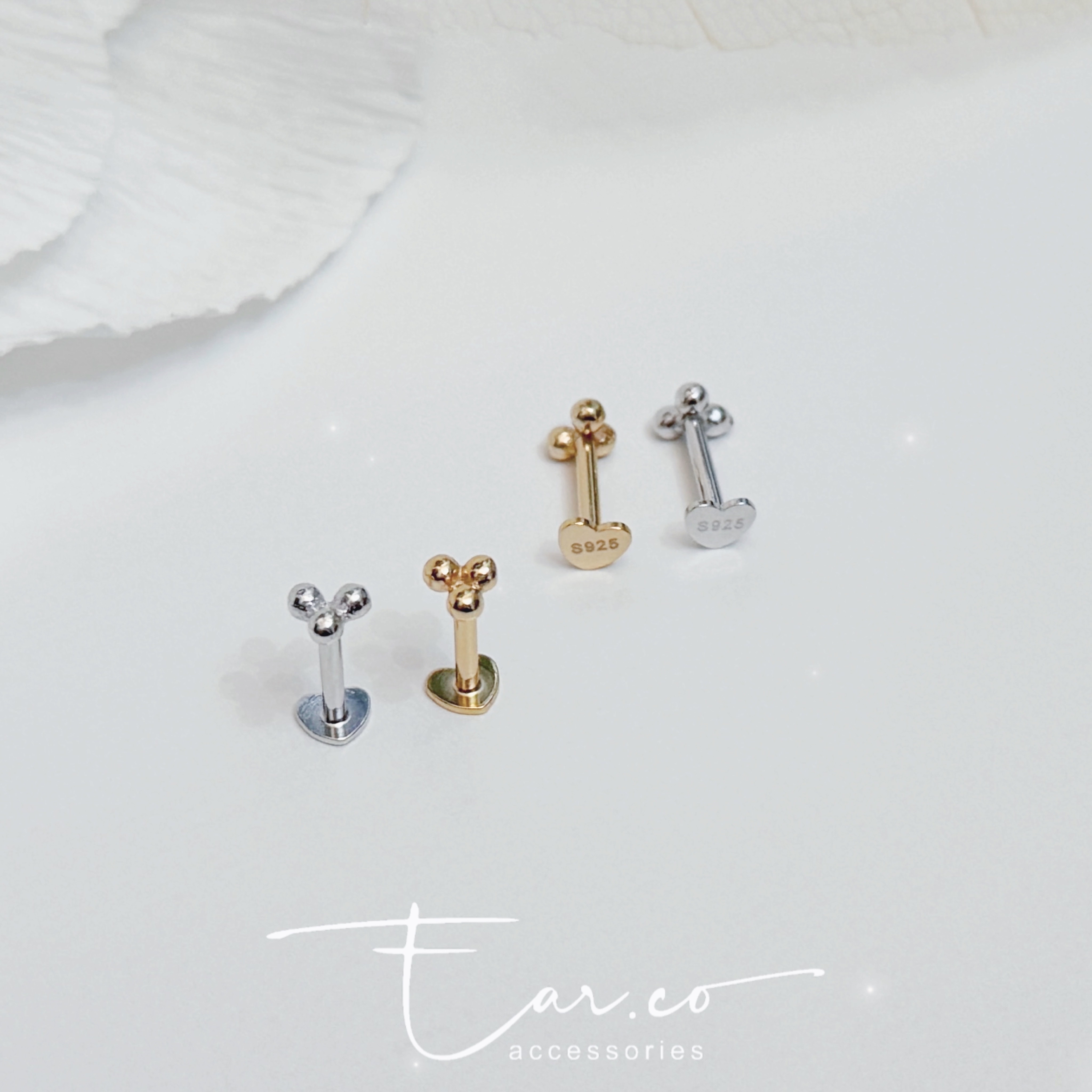 小圓珠塔心形平底純銀耳環 [一對]