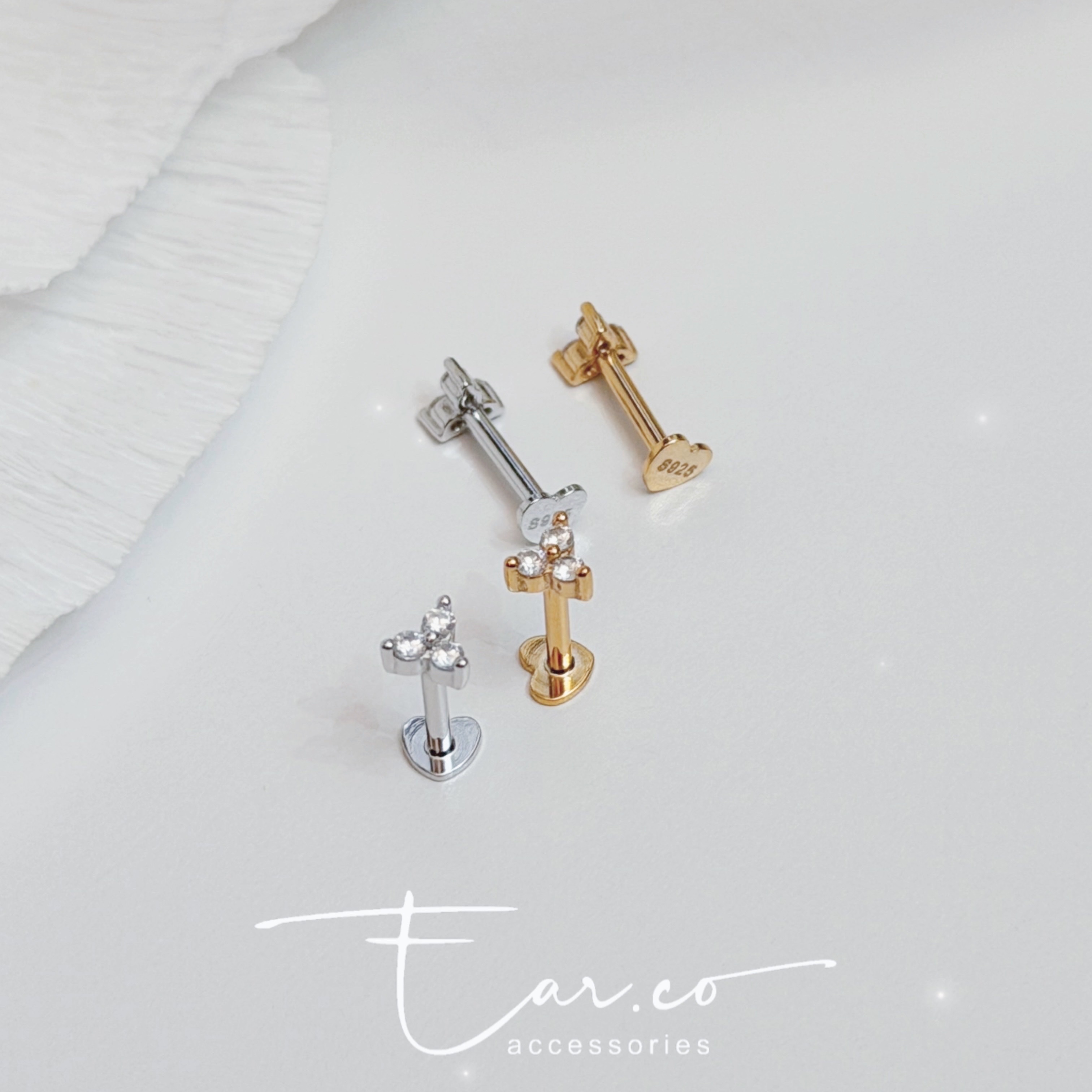 閃石三葉草心形平底純銀耳環 [一對]