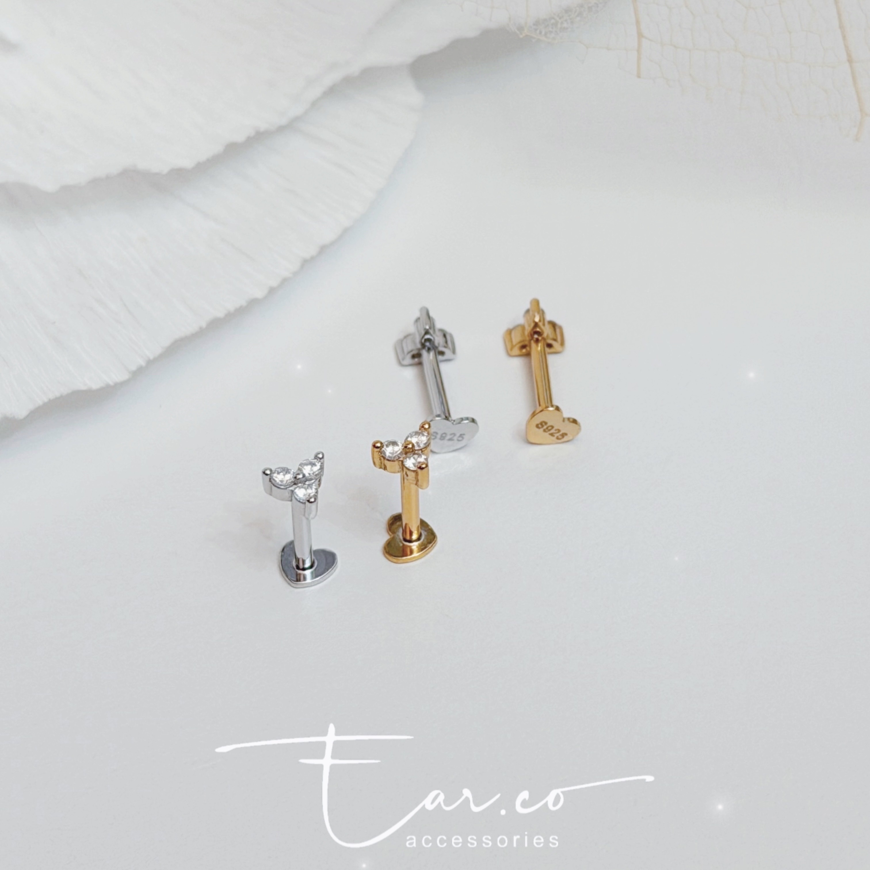 閃石三葉草心形平底純銀耳環 [一對]