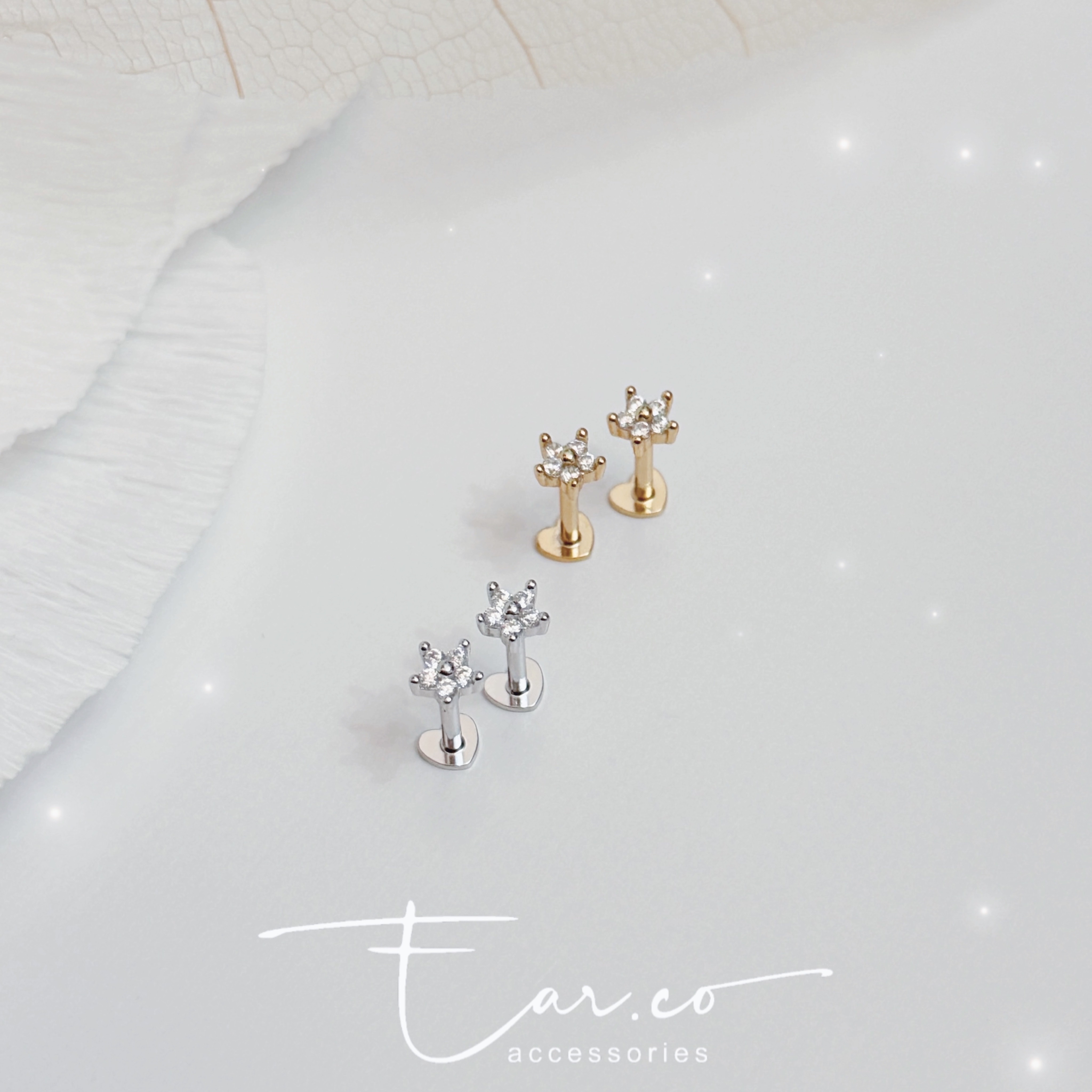 清新小花花心形平底純銀耳環 [一對]