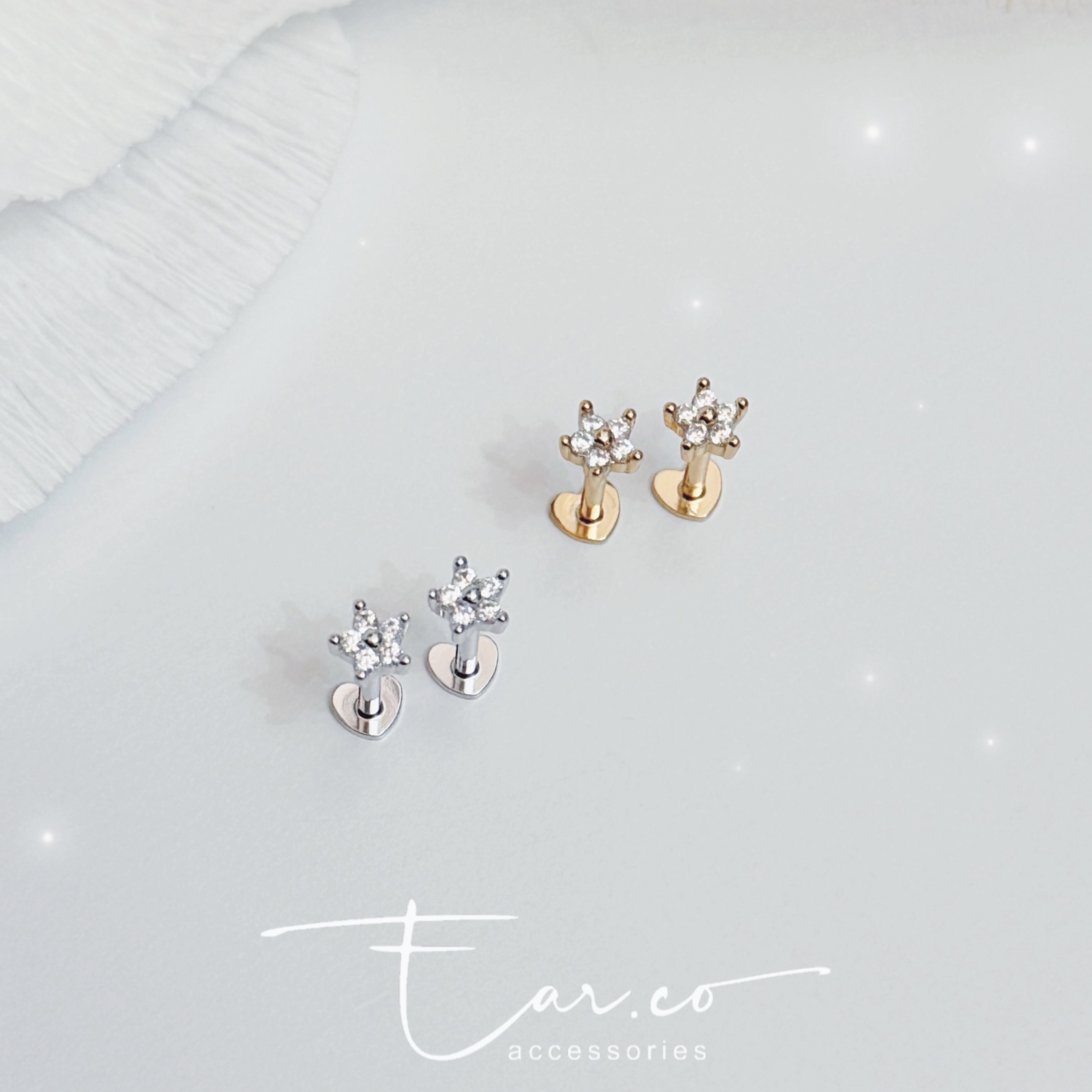 清新小花花心形平底純銀耳環 [一對]