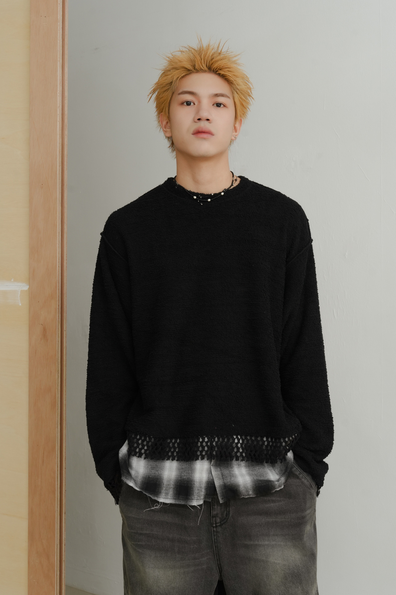 log grunge bouclé layered knit #上衣