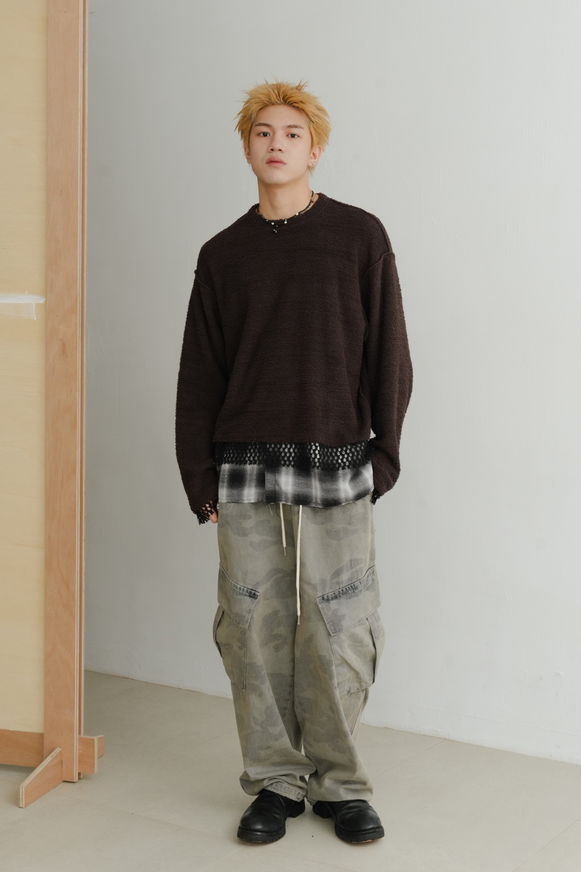 log grunge bouclé layered knit #上衣