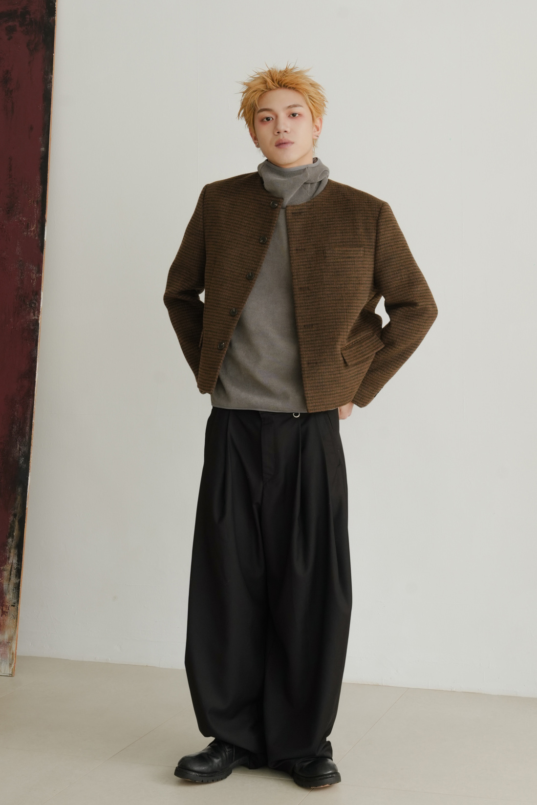 pi wool check crop #外套