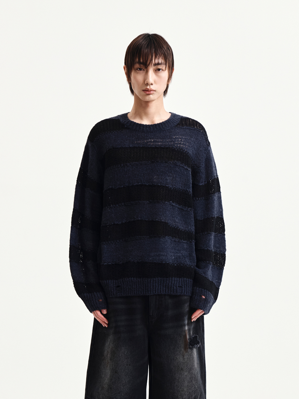 拼接條紋針織上衣 海軍藍