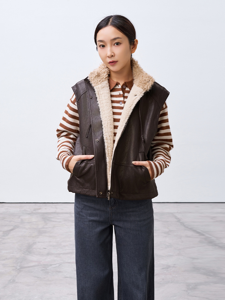 復古立領加絨皮質背心