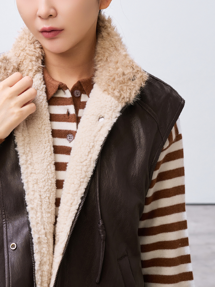 復古立領加絨皮質背心