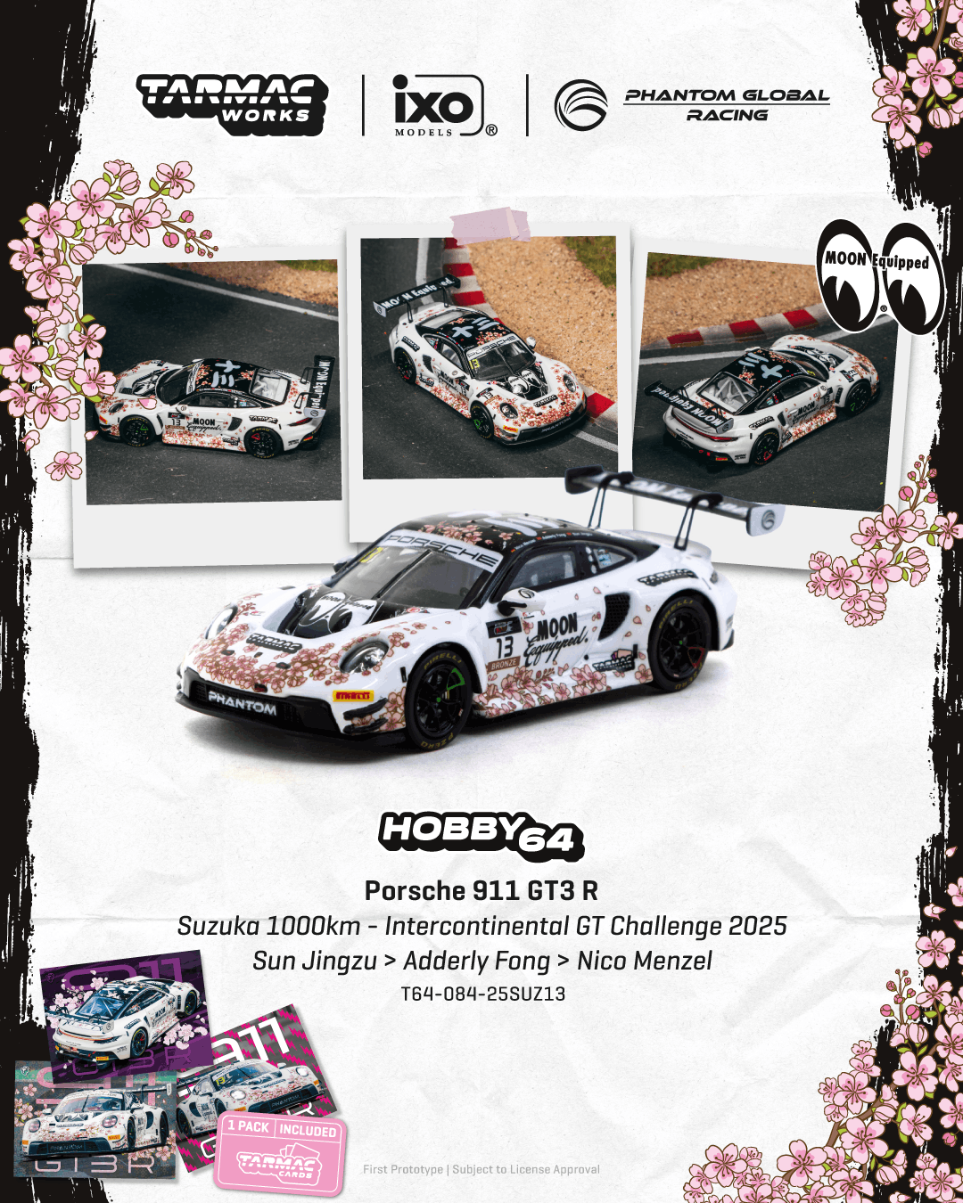 PO-$202 * TARMAC * 1:64 Porsche 911 GT3 R Suzuka 1000km - Intercontinental GT Challenge 2025 Phantom Global Racing Sun Jingzu / Adderly Fong / Nico Menzel Model Car + Trading Cards Combo Set