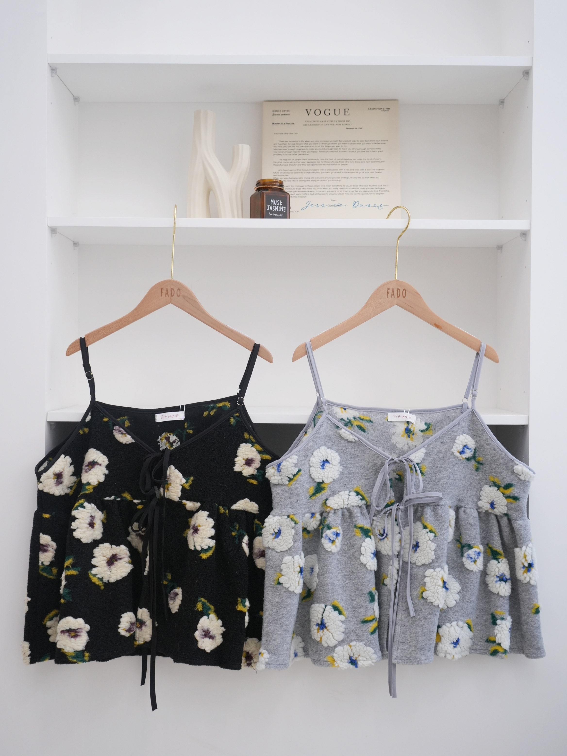 法朵Fado shop｜立體花❀.ೃ࿔雙綁結毛呢料吊帶背心 1904008 黑/灰