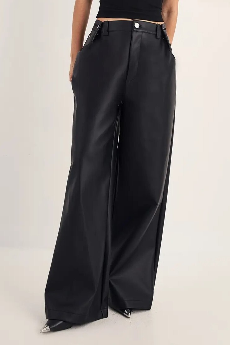 Black 黑色 Vegan皮革高腰長寬褲