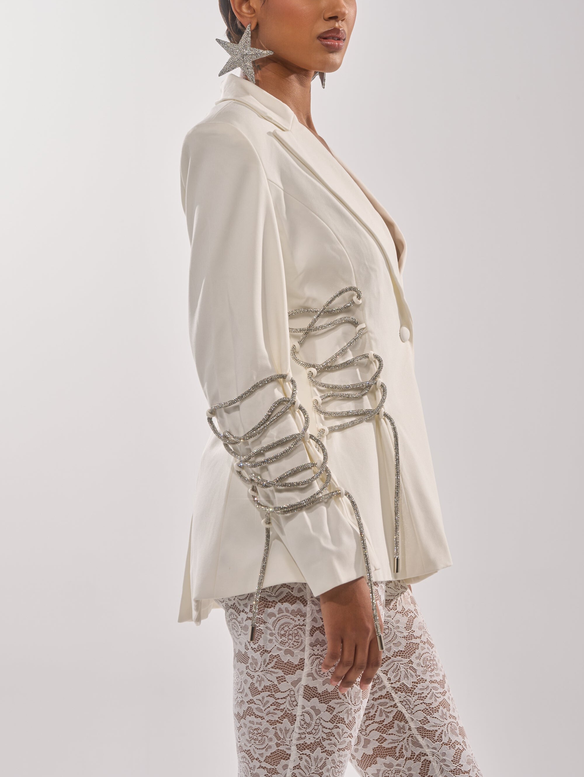 Lux White白色銀鑽Lace Up 綁帶西裝外套