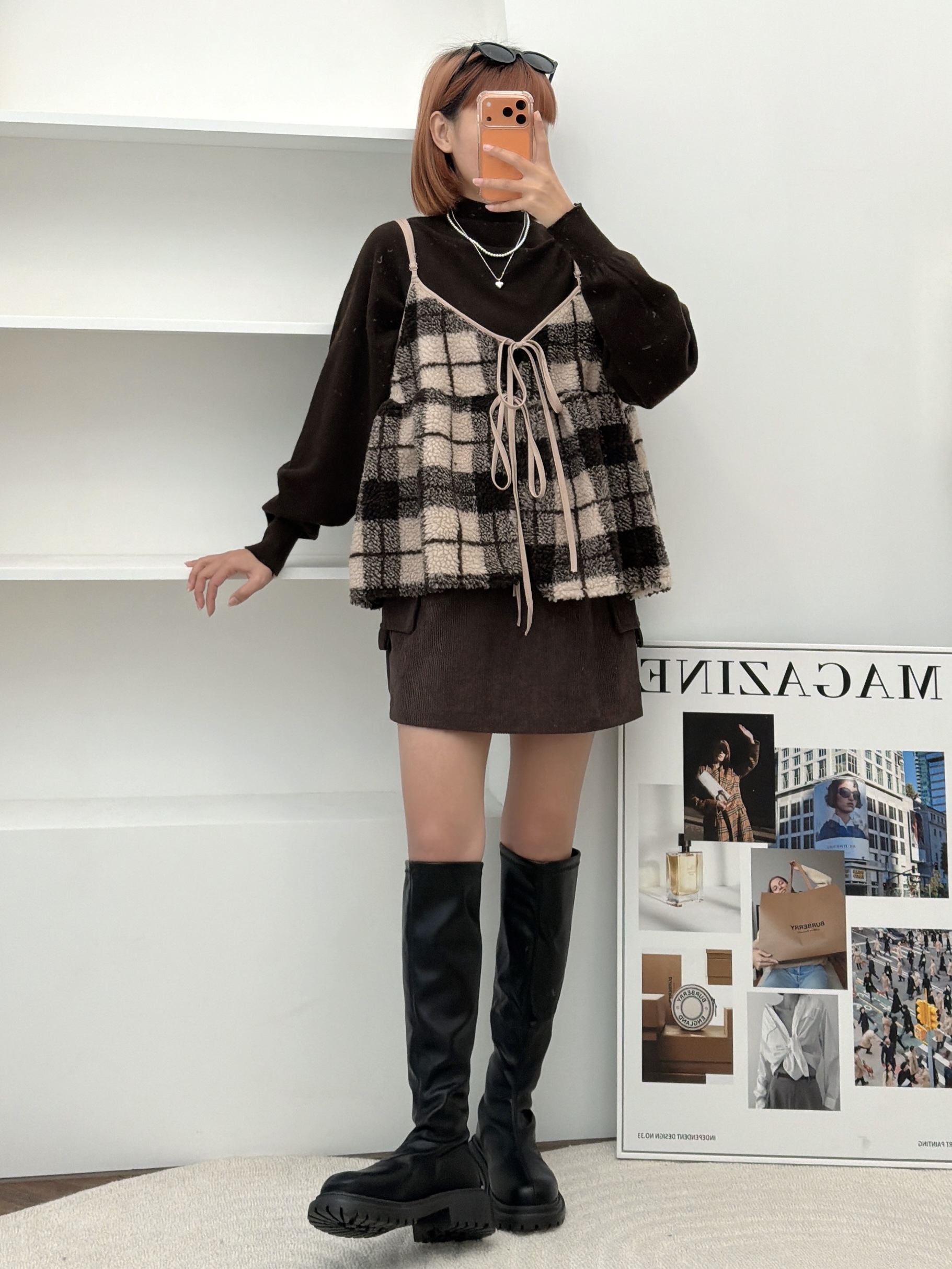 法朵Fado shop｜復古格紋雙綁帶毛呢背心 1904009 卡其/灰