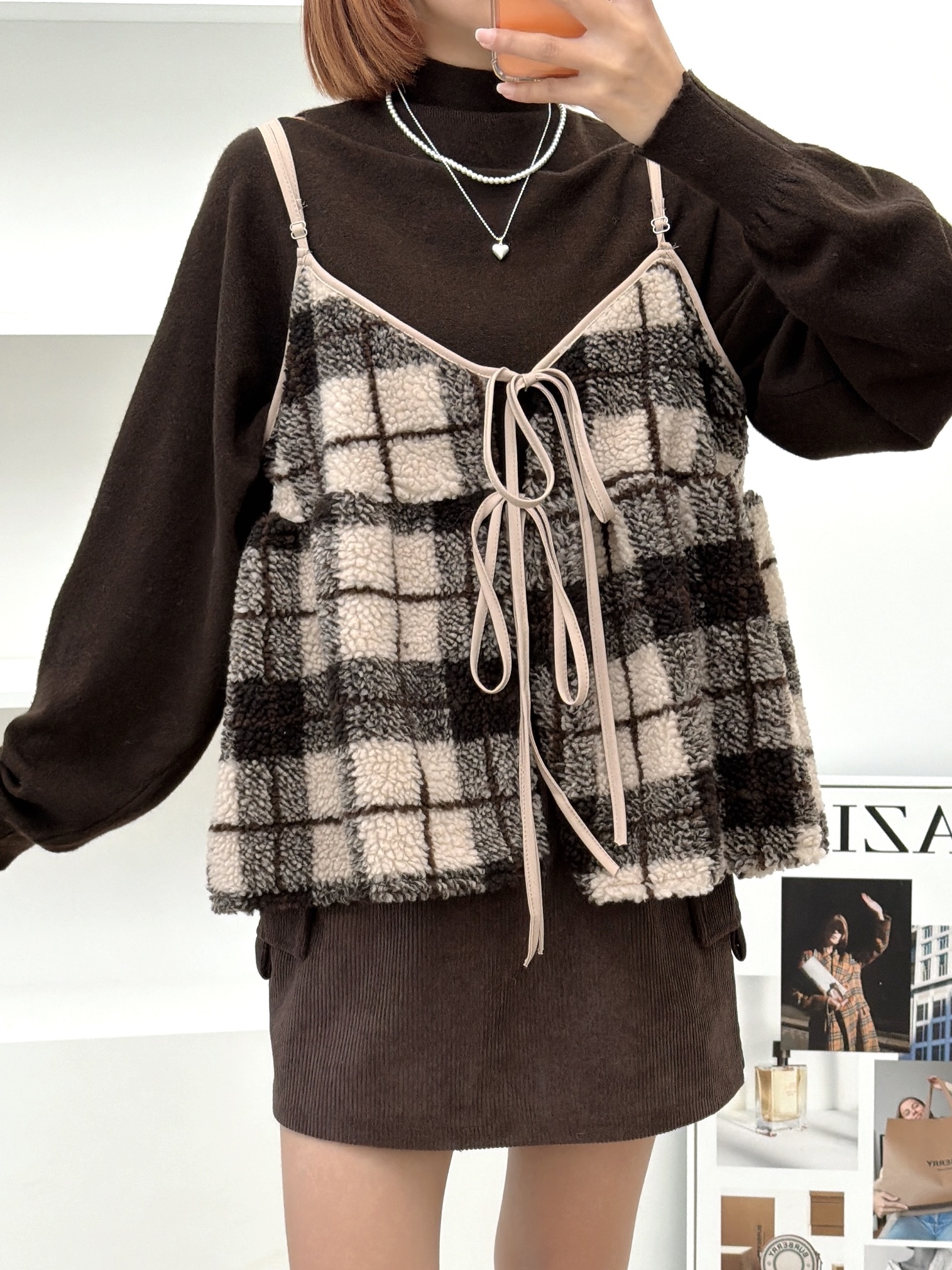 法朵Fado shop｜復古格紋雙綁帶毛呢背心 1904009 卡其/灰