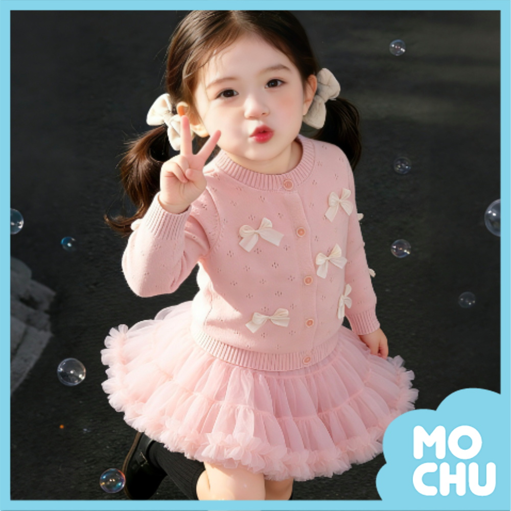 蝴蝶結針織衣澎紗裙套裝(三色)