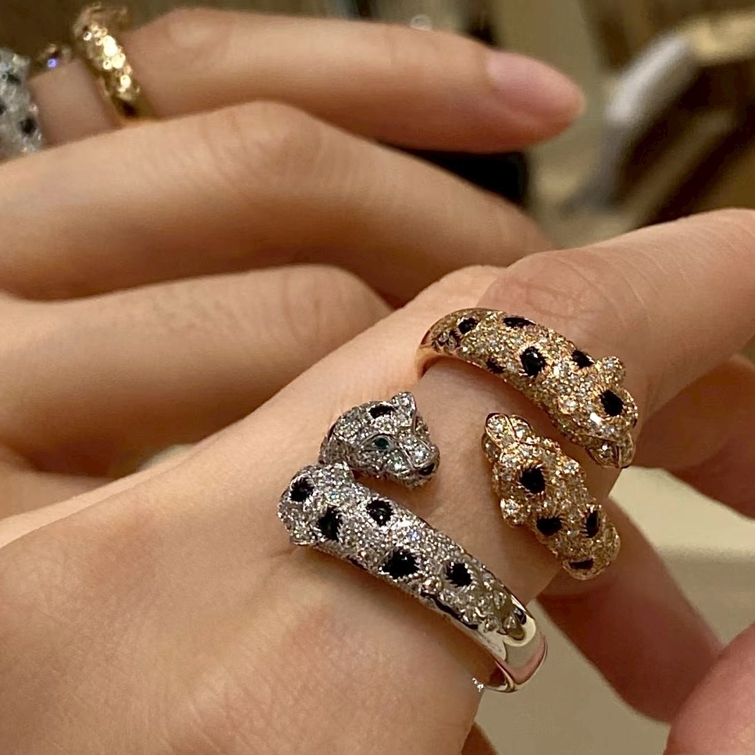 18k ct Panthère高奢雙頭豹滿鑽/光面定製戒指