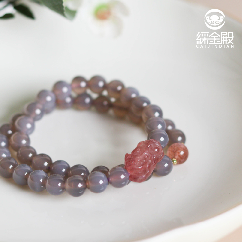 紫瑪瑙招財貔貅水晶能量手珠｜雙圈｜辟邪化煞｜招貴人｜招財旺運｜草莓晶【綵金殿】