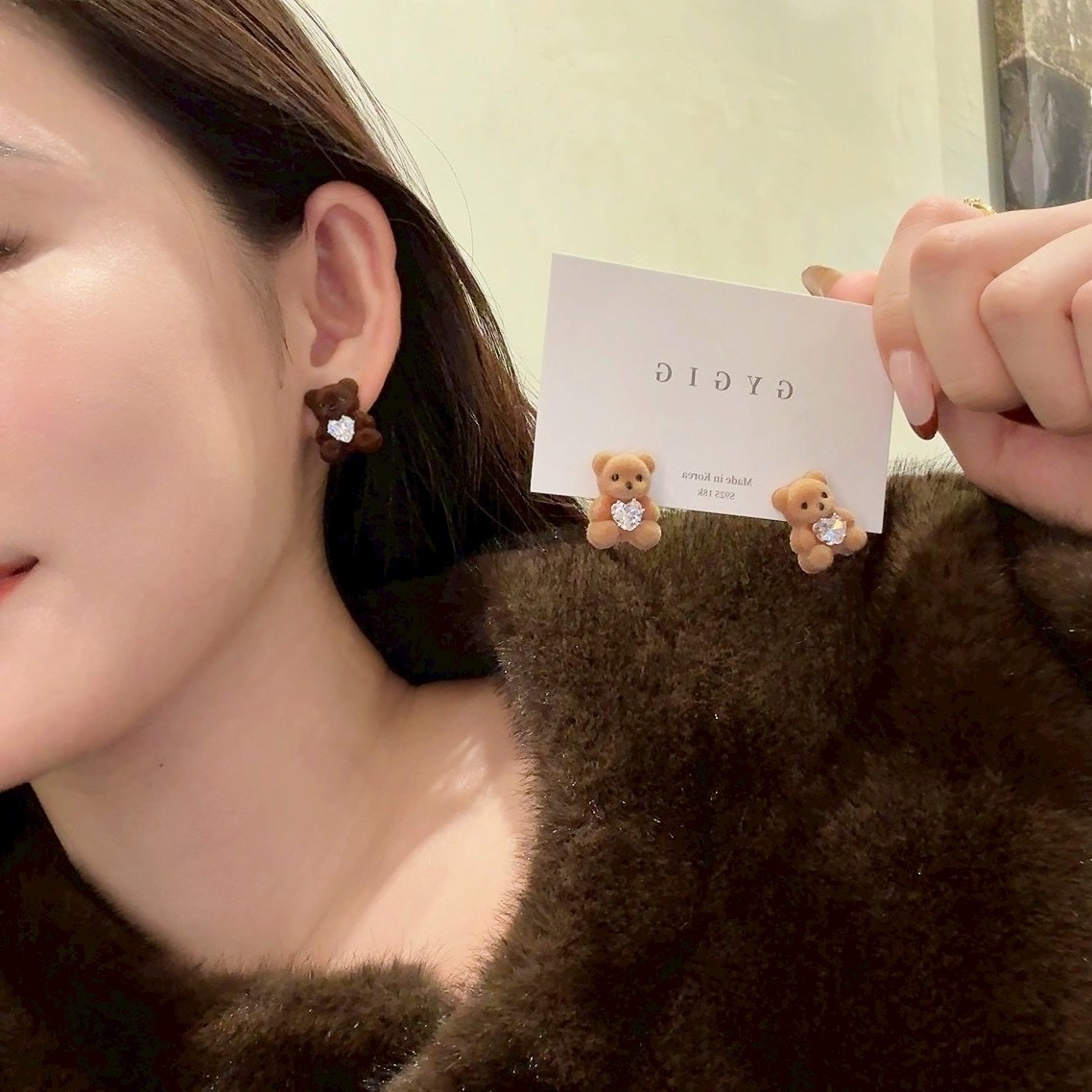 Gy”毛絨絨水鑽心立體小熊熊定製耳釘