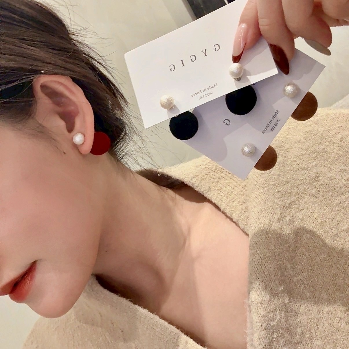 Gy”Maison毛絨三色夢幻珍珠系後扣耳釘