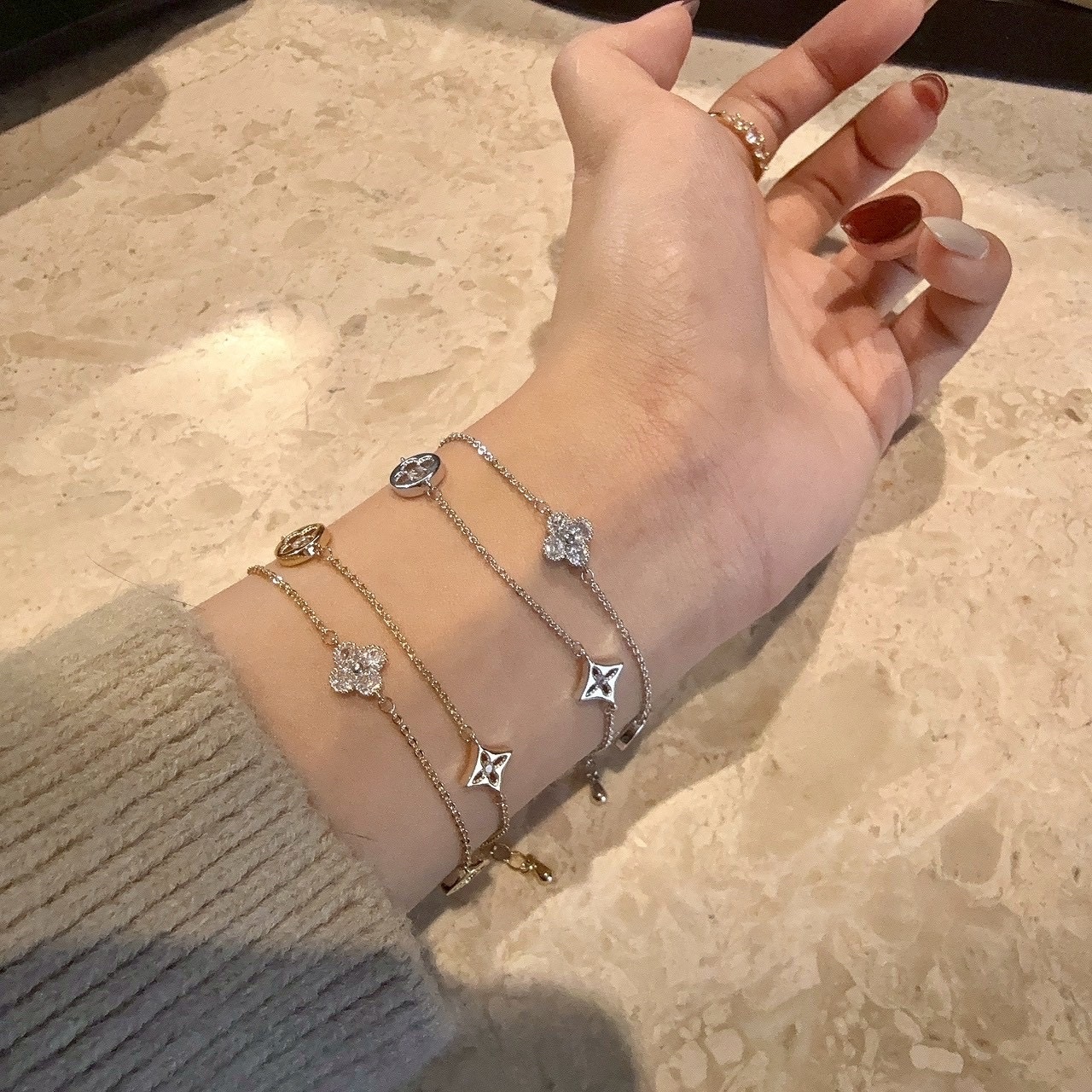 Gy”14k金銀鑽小老花雙層多花一體式手鍊